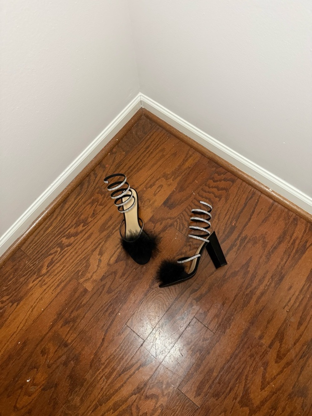 Black Fur Strap and Rhinestone Ankle-wrap Women's High Heel Sandals